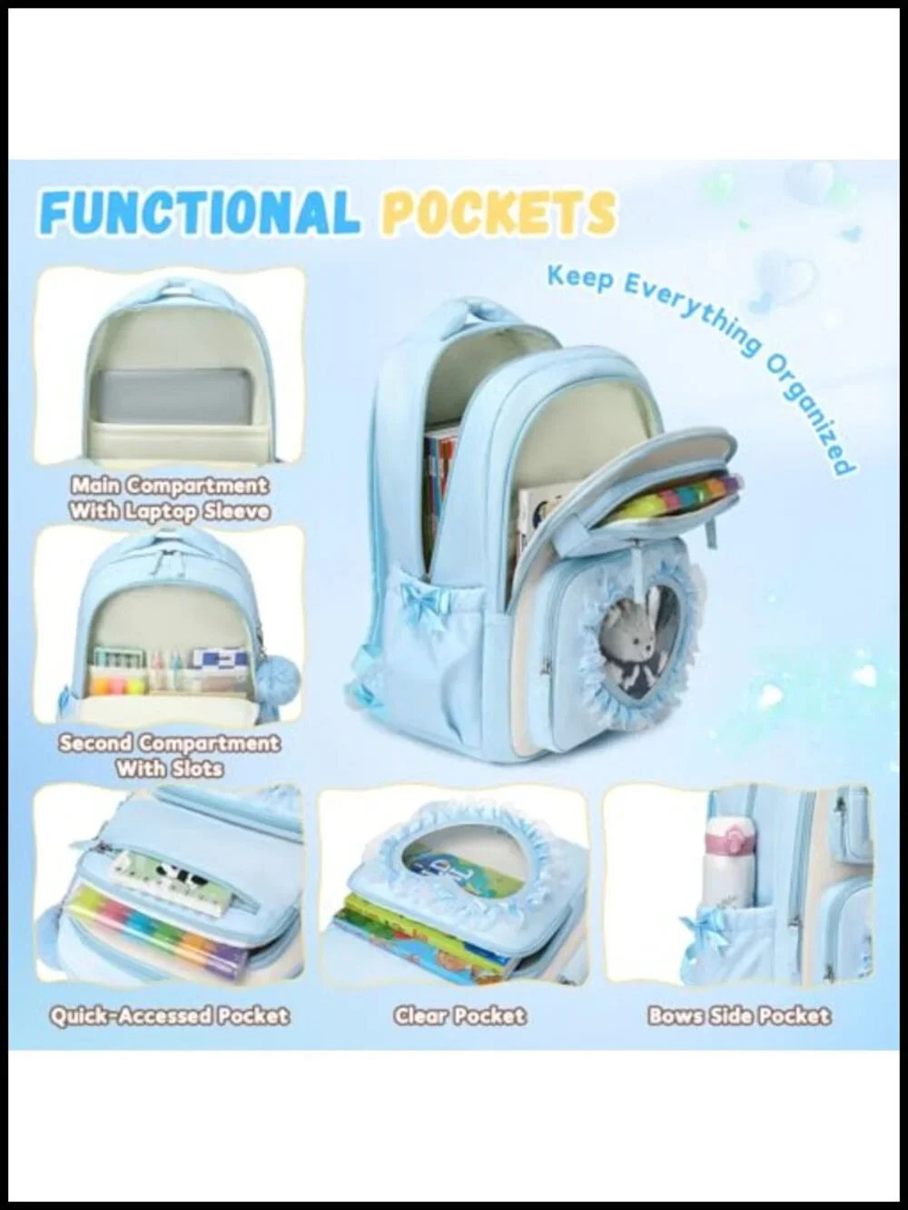 Cute Kawaii Backpack for Girls School, 17 Inch Bowknot Bookbag with Heart